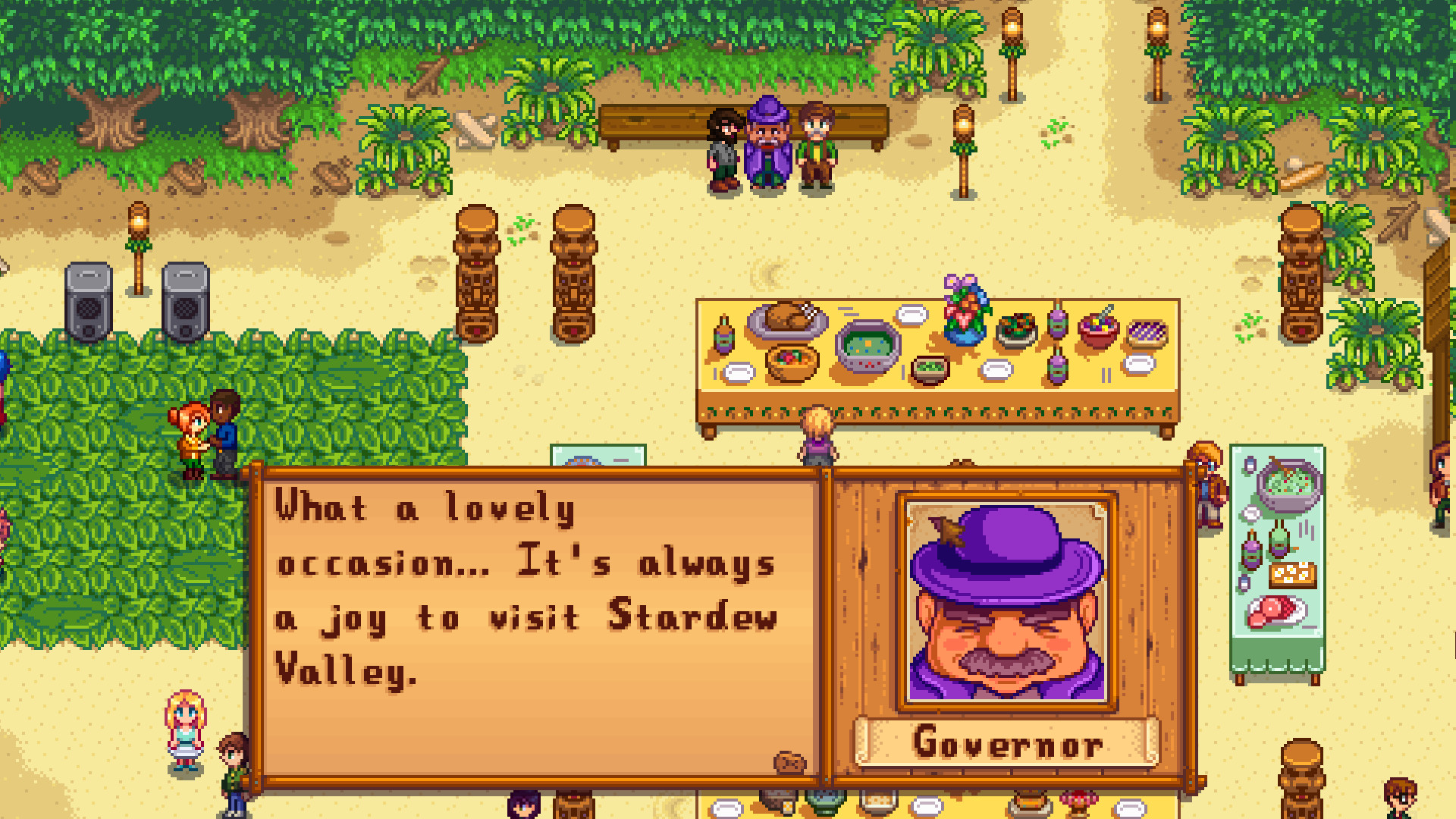 Une scène de festival réunissant plusieurs villageois de Pelican Town dans Stardew Valley