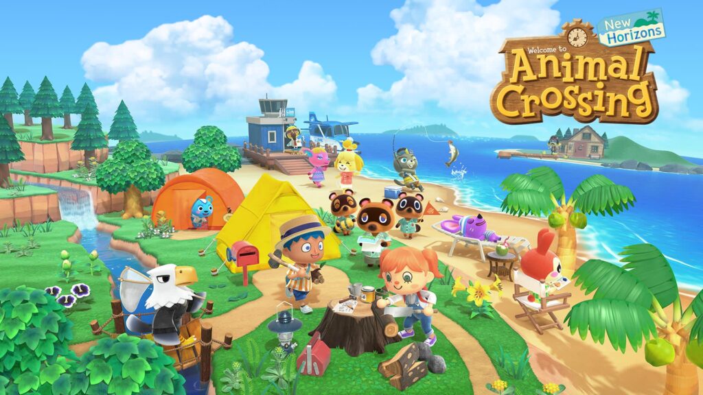 Artwork officiel d'Animal Crossing: New Horizons montrant les villageois et le personnage principal sur l'île