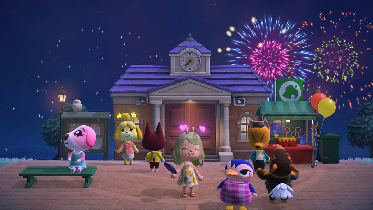 Spectacle de feux d'artifice reunissant les villageois sur la place dans Animal Crossing New Horizons