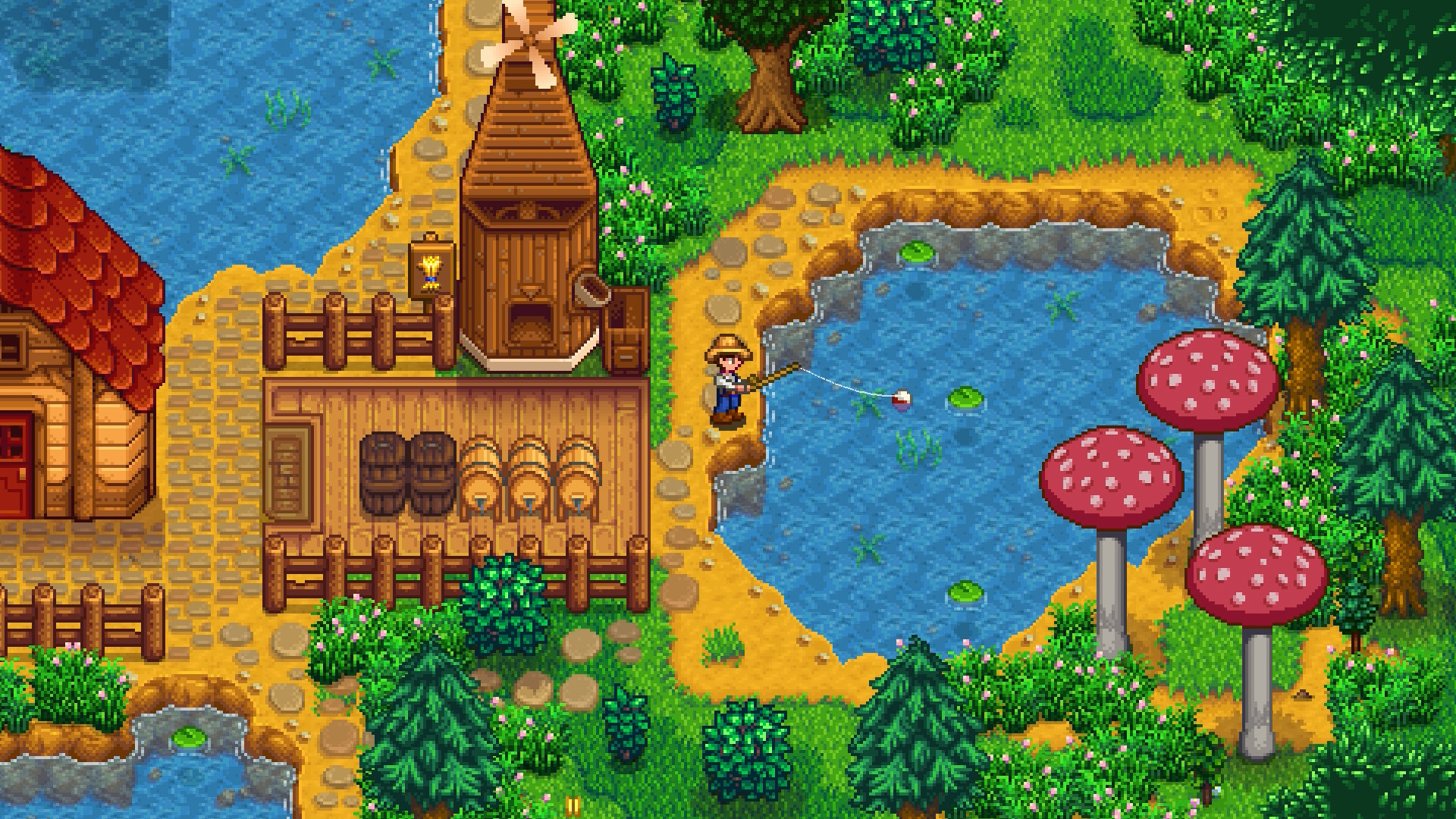 Un fermier pêche tranquillement près d'un étang dans Stardew Valley, activité centrale du guide sur le Flet
