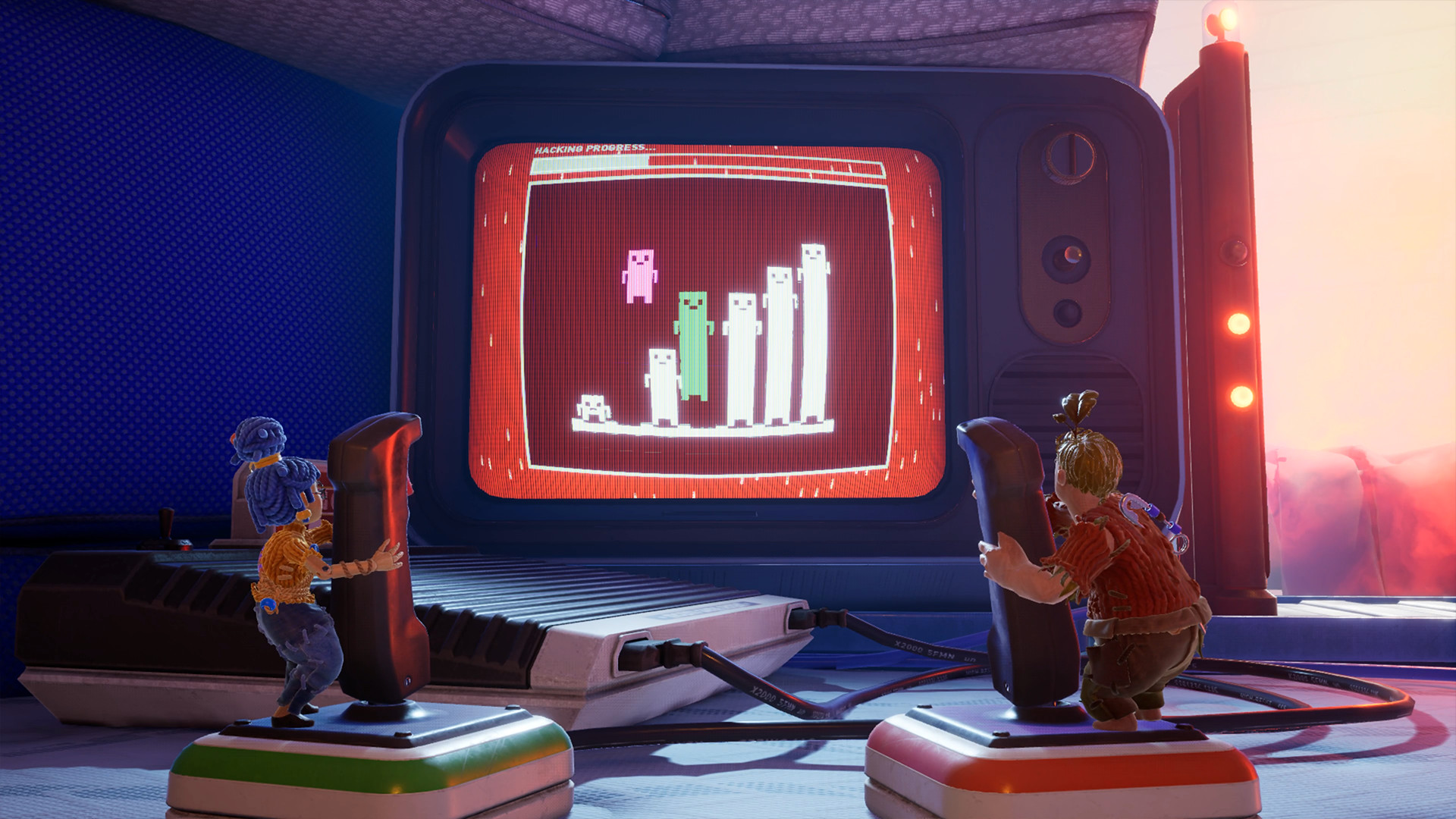 Cody et May jouent à un mini-jeu de hacking sur une vieille télévision dans It Takes Two, illustrant la coopération asymétrique
