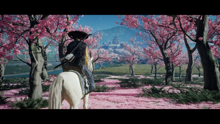 Ghost of Yotei, cerisiers en fleurs et château